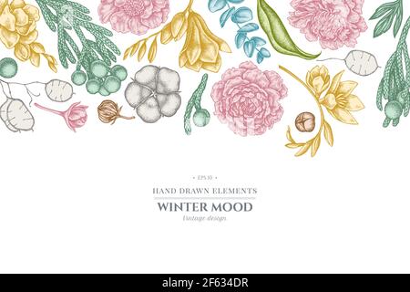 Floral design with pastel ficus, eucalyptus, peony, cotton, freesia, brunia Stock Vector