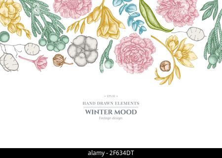 Floral design with pastel ficus, eucalyptus, peony, cotton, freesia, brunia Stock Vector