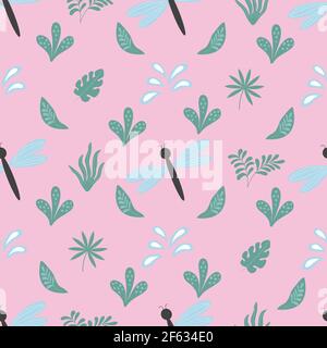Seamless pattern with a leaves, dragonfly Stock Vector