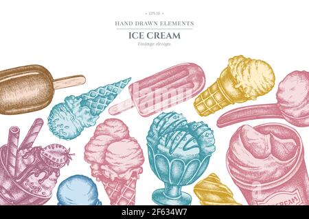 Design with pastel colored ice cream bowls, ice cream bucket, popsicle ice cream, ice cream cones, ice cream scoop, ice cream balls Stock Vector