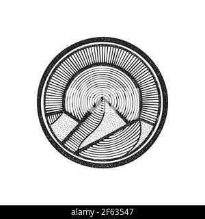 Mountains and sun abstract hand drawn illustration. Vintage style drawing mountain circle logo template. Outdoor activity travel and tourism graphic s Stock Vector
