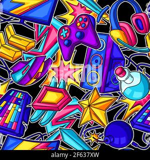 Seamless pattern with gaming items. Cyber sports, computer games, fun recreation. Stock Vector
