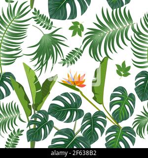 Vector tropical seamless pattern with  leaves of palm tree and flowers. Botany light background, jungle  wallpaper. Stock Vector