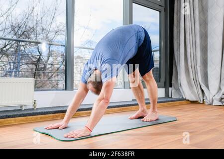 MIddle age man stay on floor mat, making workout yoga training in dog pose, tild and bend body muscles at light fitness studio Stock Photo
