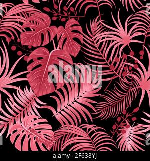 Tropical vector seamless pattern with  leaves of palm tree and flowers. Floral background, jungle  wallpaper. Stock Vector