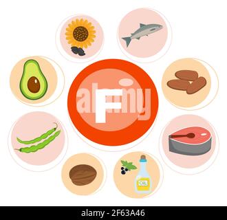 Vitamin F and vector set of vitamin F rich foods. Healthy lifestyle and diet concept. Stock Vector