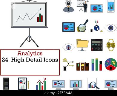 Analytics Icon Set. Flat Color Outline Design With Editable Stroke. Vector Illustration. Stock Vector