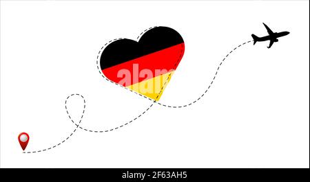 Airplane flight route with the Germany flag inside the heart. Travel to your beloved country. Vector illustration. Stock Vector