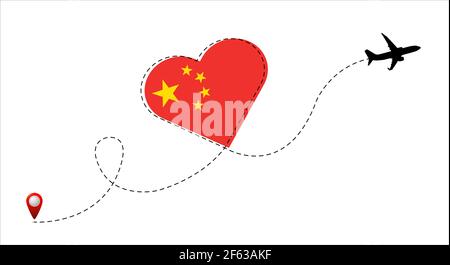 Airplane flight route with the China flag inside the heart. Travel to your beloved country. Vector illustration. Stock Vector