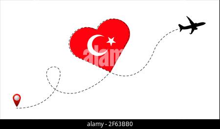 Airplane flight route with the Turkey flag inside the heart. Travel to your beloved country. Vector illustration. Stock Vector