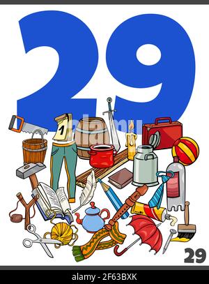 Cartoon illustration of number twenty nine for children with objects group Stock Vector