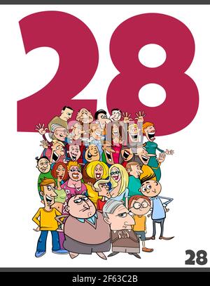 Cartoon illustration of number twenty eight for children with funny people characters crowd Stock Vector