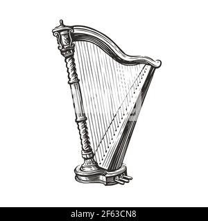 Musical harp hand drawn sketch. Music concept vector illustration Stock Vector