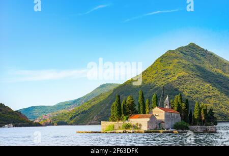 Evening sunlight on Saint George island in Perast, Montenegro Stock Photo