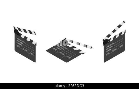 Film clap board cinema vector illustration. Clapper board in isometric isolated on white background Vector EPS 10 Stock Vector