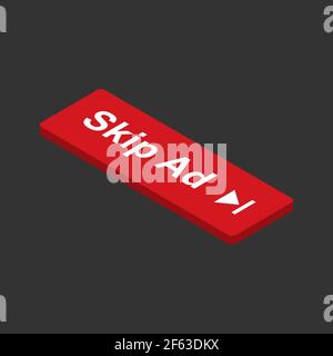 Skip Ad red button icon in isometric. Skip Ad symbol isolated on dark background Vector EPS 10 Stock Vector