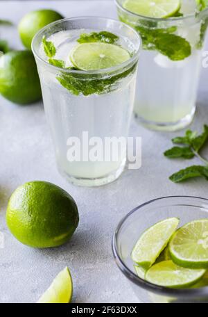 Mojito Cocktails with Limes and Mint on Gray Surface Stock Photo