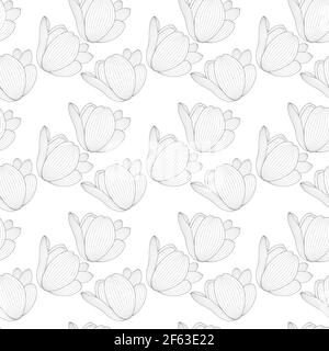 Drawn black and white tulip with contour line. Seamless pattern. Vector Illustration Stock Vector
