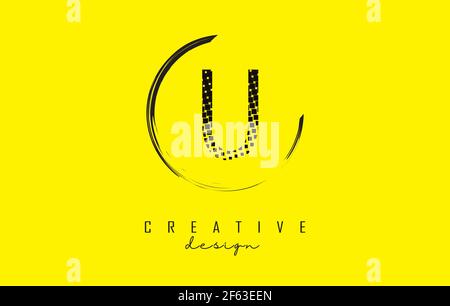 U letter logo design with black squares and circle frame on bright yellow background. Creative vector illustration with letter U. Stock Vector