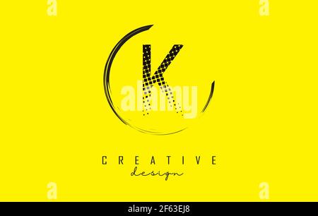 K letter logo design with black dots and circle frame on bright yellow background. Creative vector illustration with letter K. Stock Vector
