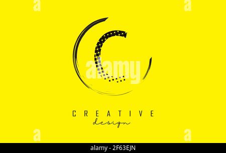 C letter logo design with black dots and circle frame on bright yellow background. Creative vector illustration with letter C. Stock Vector