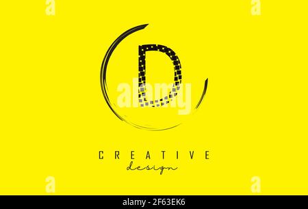 D letter logo design with black dots and circle frame on bright yellow background. Creative vector illustration with letter D. Stock Vector