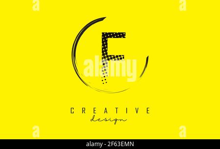 F letter logo design with black dots and circle frame on bright yellow background. Creative vector illustration with letter F. Stock Vector