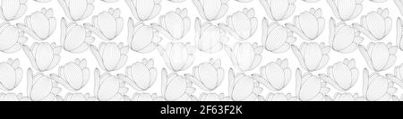 Wide Picture Drawn black and white tulip with a contour line. Full Seamless pattern horizontally and vertically. Vector Illustration. EPS10 Stock Vector