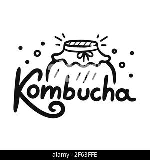 Kombucha quote with jar logo. Vector hand drawn cartoon illustration. Isolated on white background. Kombucha text print for t-shirt,poster,card logo concept Stock Vector