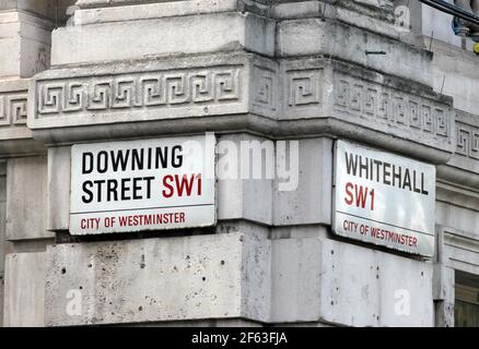 21 April 2011. London, England. The street sign at the entrance to Downing Street on Whitehall. Photo copyright ©; Charlie Varley/varleypix.com Stock Photo