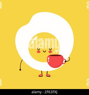 Cute funny Fried Egg with coffee cup character. Vector hand drawn cartoon kawaii character illustration icon. Fried Egg character concept Stock Vector