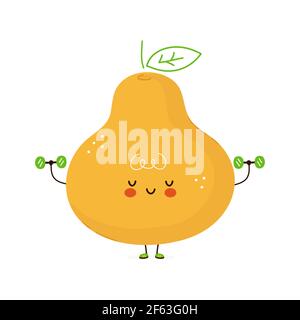 Cute funny Pear fruit with dumbbells. Vector hand drawn cartoon kawaii character illustration icon. Isolated on white background. Pear fruit gym concept Stock Vector