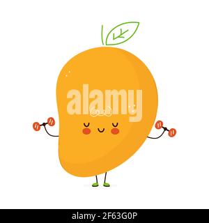 Cute funny Mango fruit with dumbbells. Vector hand drawn cartoon kawaii character illustration icon. Isolated on white background. Mango fruit gym concept Stock Vector