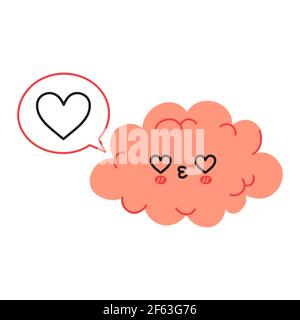 Cute funny brain character and speech bubble with heart. Vector hand drawn cartoon kawaii character illustration icon. Isolated on white background. Brain in love character concept Stock Vector