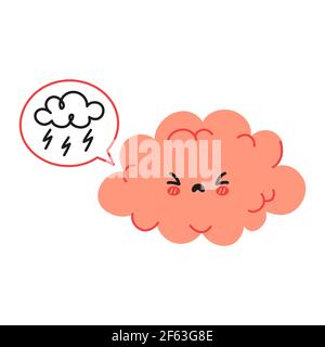 Cute funny brain character and speech bubble with thundercloud. Vector hand drawn cartoon kawaii character illustration icon. Isolated on white background. Agerssive angry brain character concept Stock Vector