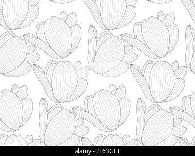 Picture Drawn black and white tulip with a contour line. Seamless pattern horizontally and vertically Stock Vector