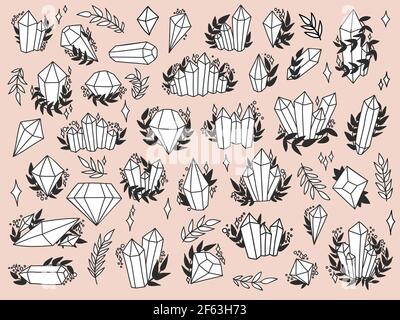 Hand drawn crystal set. Collection of magic elements. Witchcraft design fo stickers. Vector black and white illustration on white backgound. Stock Vector