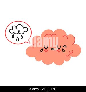 Cute funny brain character and speech bubble with rain cloud. Vector hand drawn cartoon kawaii character illustration icon. Isolated on white background. Brain sad cry character concept Stock Vector