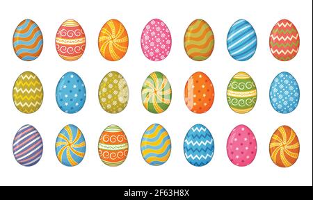 Colorful chicken eggs decorative with ornament icon set. Happy Easter Colored decorating and painted eggshell. Tradition holiday food. Vector Stock Vector
