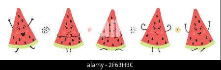Hand drawn smile watermelon slice. Cute happy childish character set. Fresh healthy juicy food set. Summer vector illustrtation on white background. Stock Vector