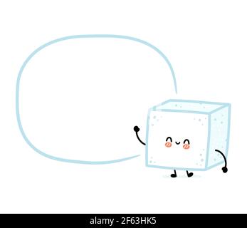 Cute funny happy sugar piece cube character with text box. Vector flat line cartoon kawaii character illustration icon. Isolated on white background. Sugar cube character concept Stock Vector