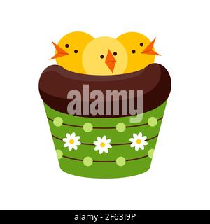 Easter chocolate cupcake with chicks in nest isolated on white background. Stock Vector