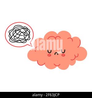 Cute funny brain character and speech bubble with tangle of messy thoughts. Vector cartoon kawaii character illustration icon. Isolated on white background. Brain in depression character concept Stock Vector