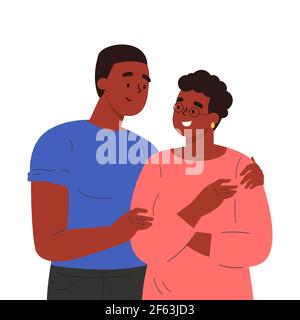 Happy adult son hugging old mother  Stock Vector