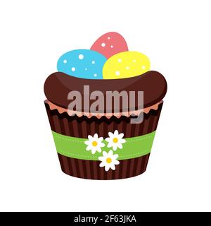 Easter cupcake with eggs in nest isolated on white background. Stock Vector