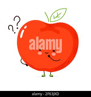 Cute funny Apple fruit with question marks. Vector hand drawn cartoon kawaii character illustration icon. Isolated on white background. Apple fruit think concept Stock Vector