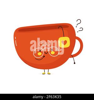 Cute funny Tea cup with question marks. Vector hand drawn cartoon kawaii character illustration icon. Isolated on white background. Tea cup think concept Stock Vector