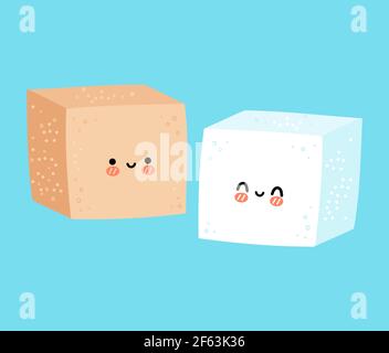 Cute funny happy white and brown sugar piece cube character. Vector flat line cartoon kawaii character illustration icon. Sugar cube character concept Stock Vector