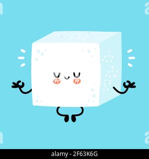 Cute funny happy sugar piece cube character meditate in yoga pose. Vector flat line cartoon kawaii character illustration icon. Isolated on white background. Sugar cube character concept Stock Vector