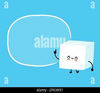Cute funny happy sugar piece cube character withtext box. Vector flat line cartoon kawaii character illustration icon. Sugar cube character concept Stock Vector